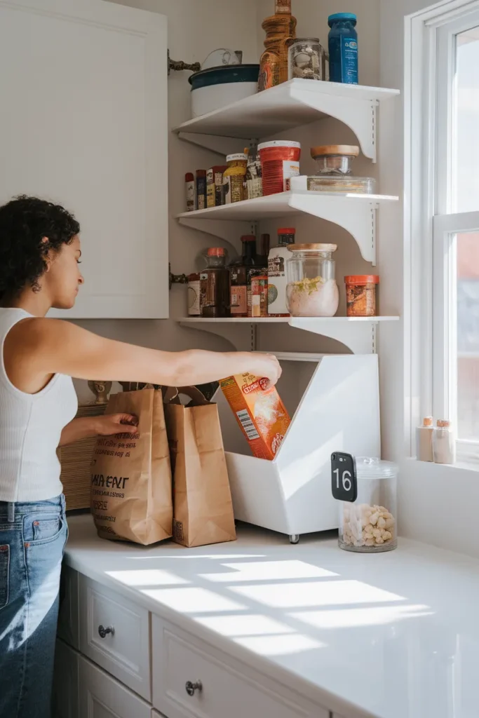 Aesthetic pantry organization grocery unload test with open front bins and a timer