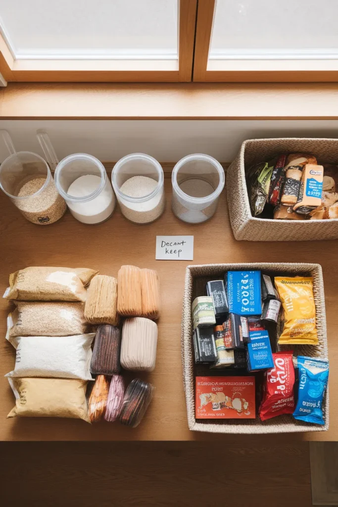 Aesthetic pantry organization sorting with a decant pile beside items kept in packaging