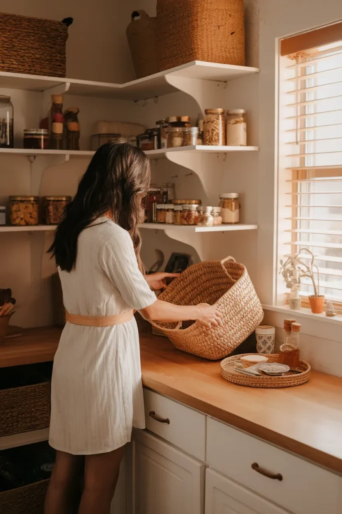 Aesthetic pantry organization weekly reset with labels faced forward at golden hour