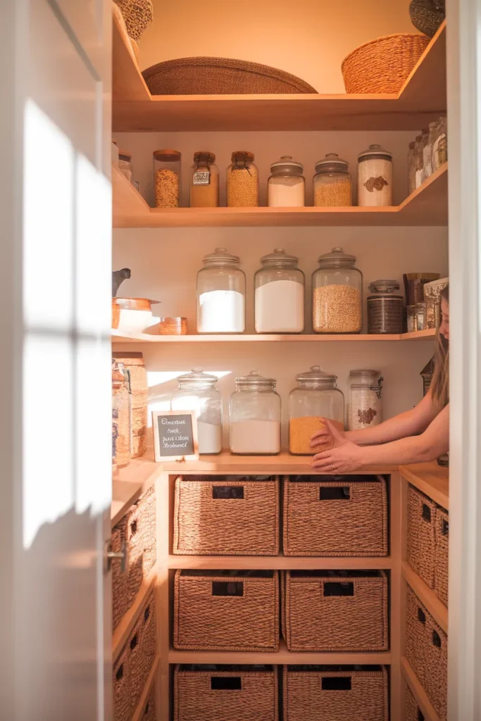 Aesthetic pantry organization with glass canisters and cane baskets on wood shelves