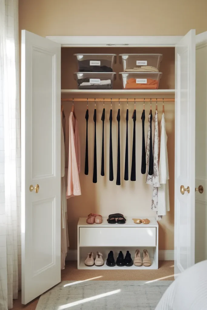 Apartment closet organization in a rental reach-in with velvet hangers and labeled bins
