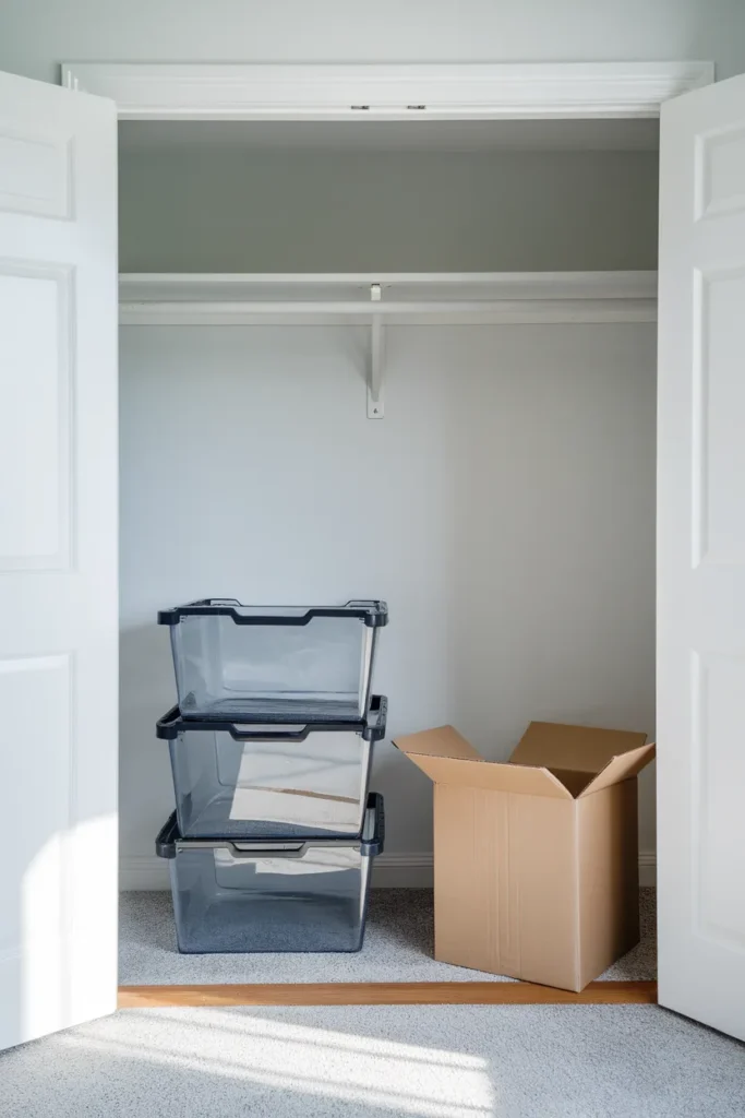 Apartment closet organization packed down at move out with no wall damage