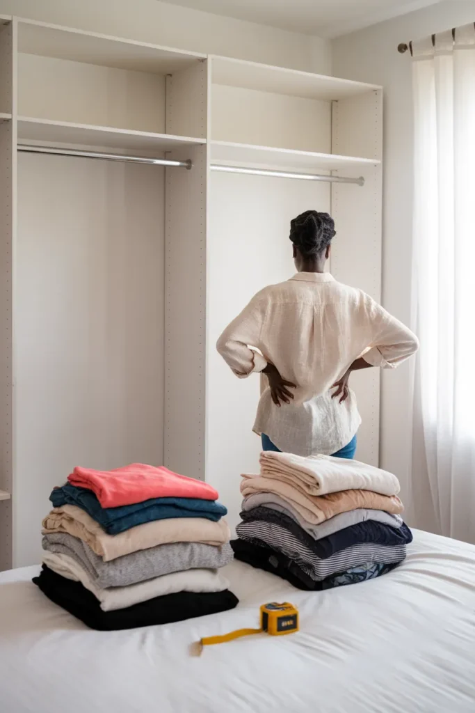 Apartment closet organization reset with the closet emptied and clothes sorted on the bed