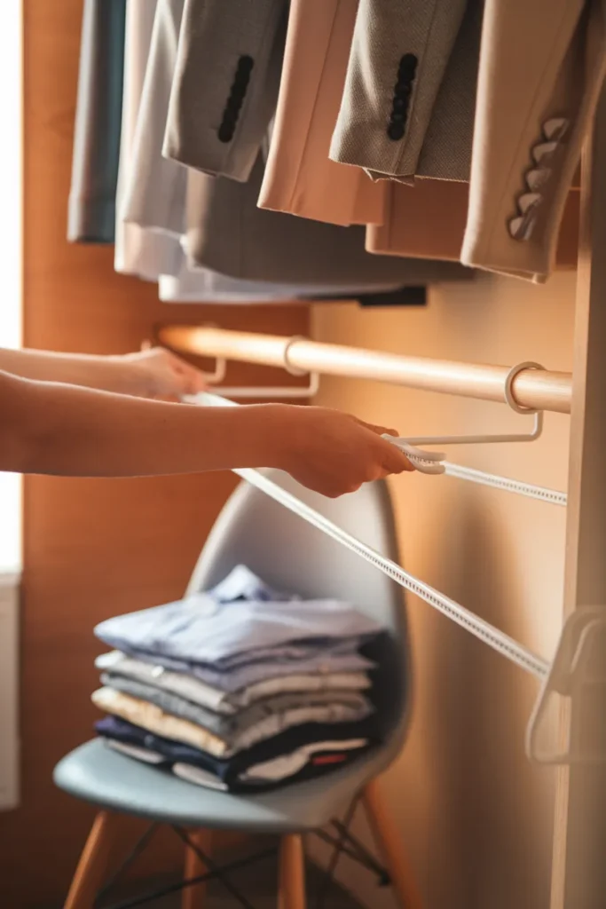 Apartment closet organization using a tension rod to double hanging space