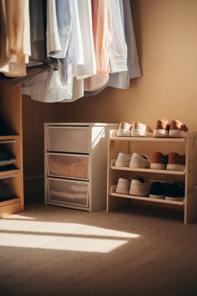 Apartment closet organization using the closet floor for drawers and a shoe rack