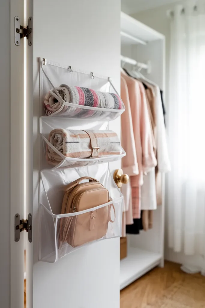 Apartment closet organization with an over the door pocket organizer on a hinged door