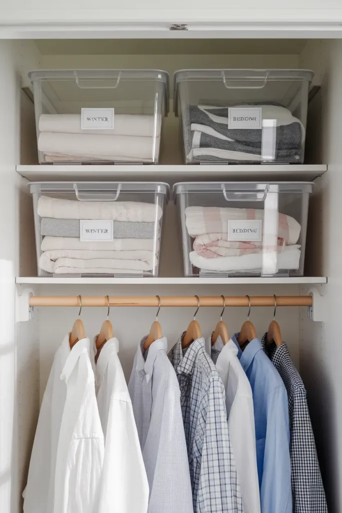 Apartment closet organization with clear labeled bins stacked on the top shelf