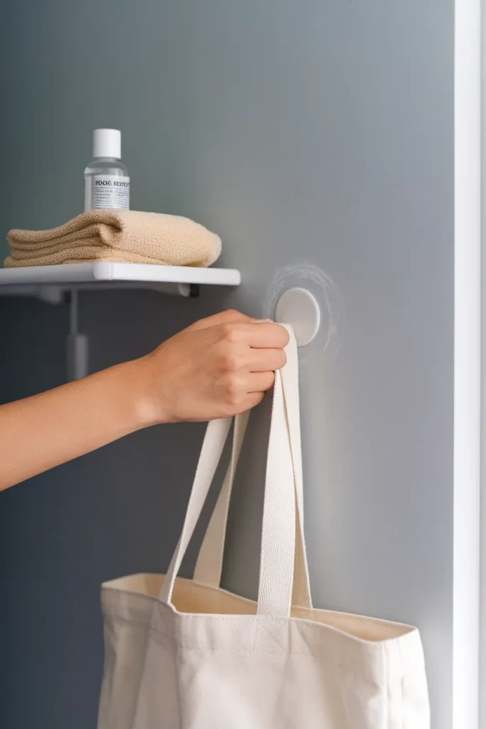 Apartment closet organization with damage free adhesive hooks on a rental wall