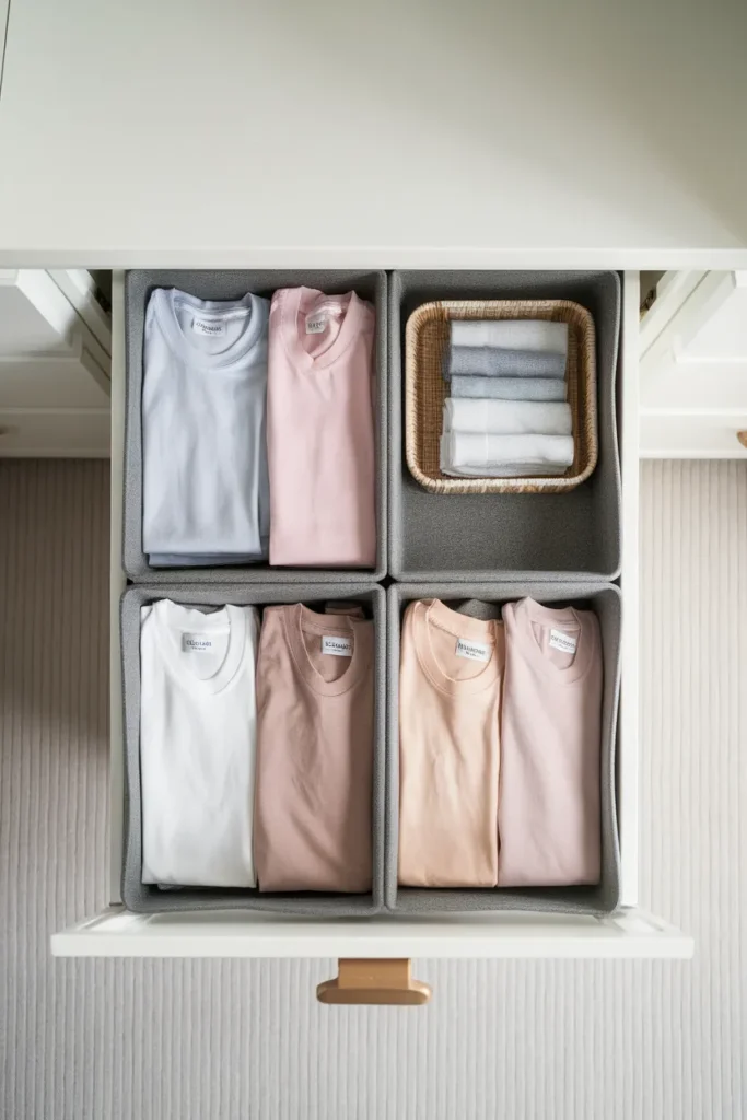 Apartment closet organization with drawer dividers and upright folded clothes