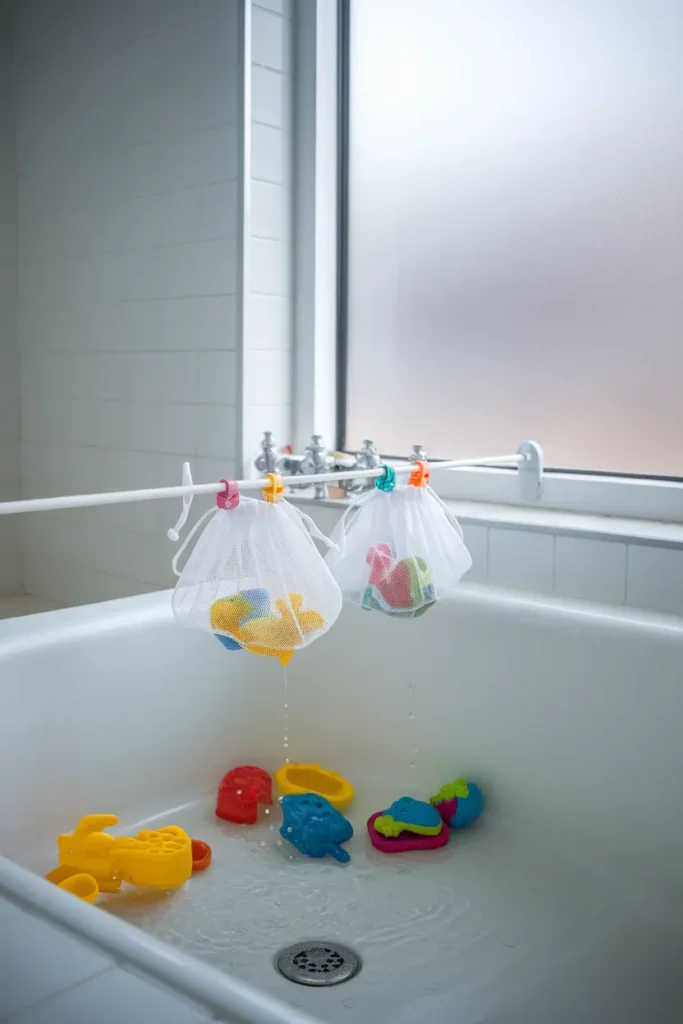 Bath toy storage on a tension rod draining in a kids bathroom tub Suggested