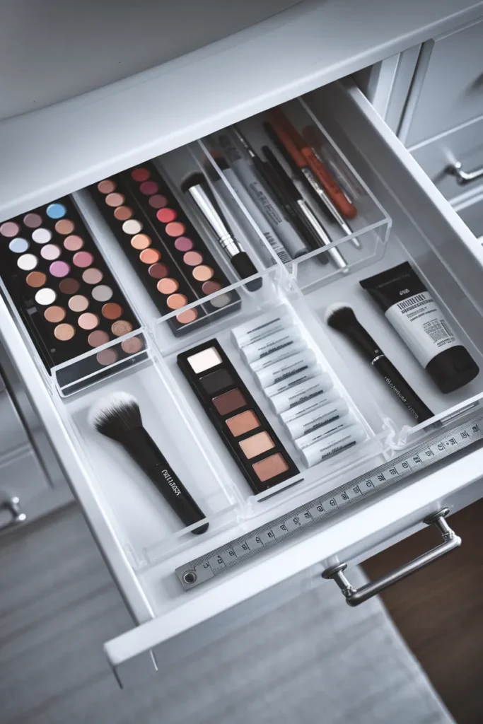 Bathroom drawer makeup organization with acrylic dividers and a tape measure