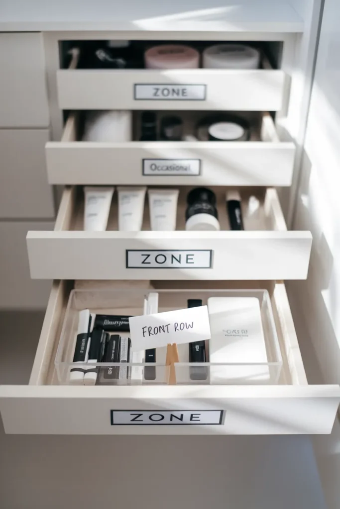 Bathroom makeup organization drawer split into four labeled reach zones