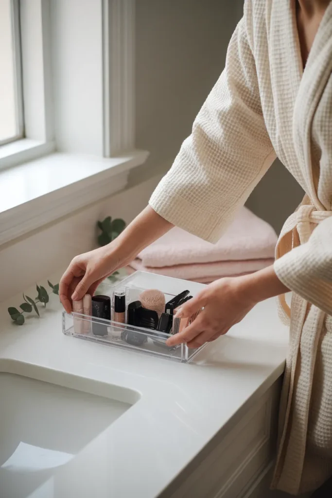 Bathroom makeup organization on a bright vanity with a clear acrylic organizer