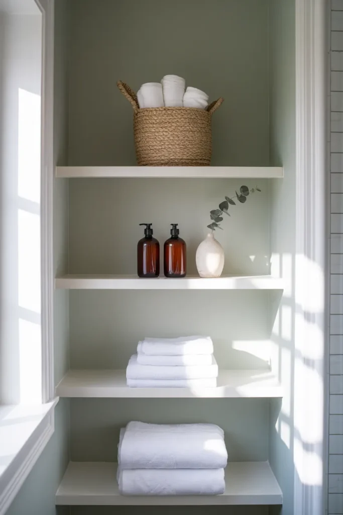 Bathroom shelf organization on styled white open shelves with towels, amber bottles, and baskets
