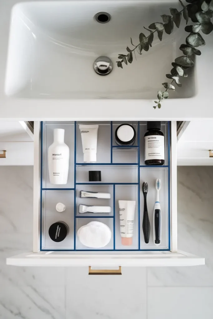 Bathroom vanity drawer organization using clear acrylic dividers and non-slip liner