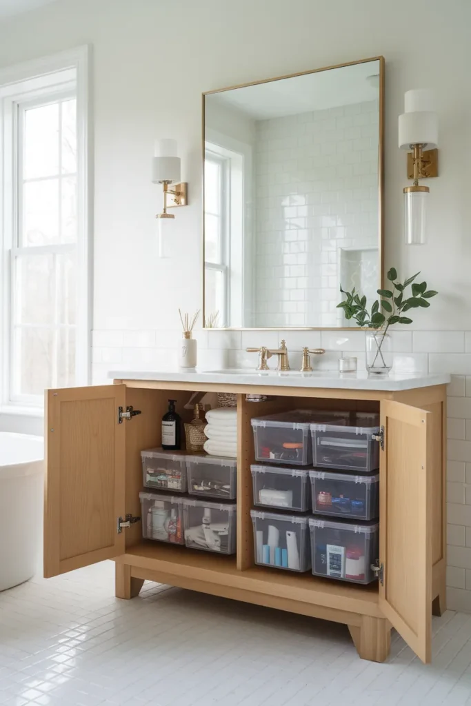 Bathroom vanity organization with clear bins zoned around the drainpipe inside an open cabinet