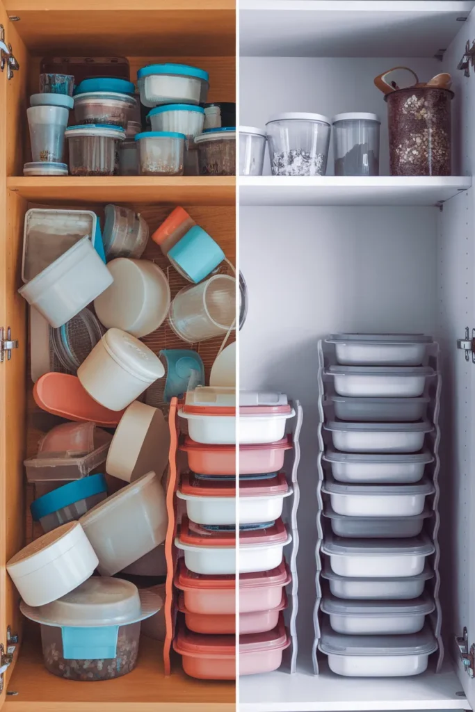 Before and after food container organization showing a cluttered versus neat cabinet