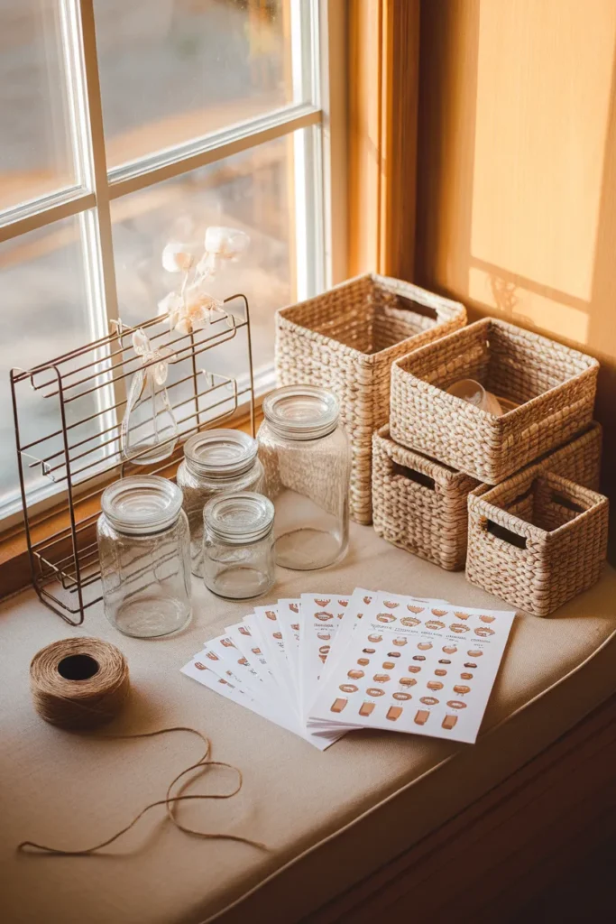 Budget aesthetic pantry organization starter kit with jars, bins and printed labels