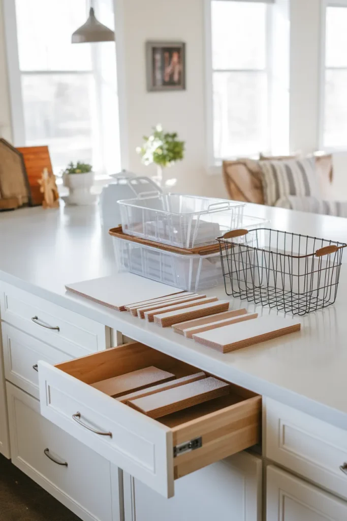Budget deep kitchen drawer organization supplies Dollar Tree bins and foam board dividers