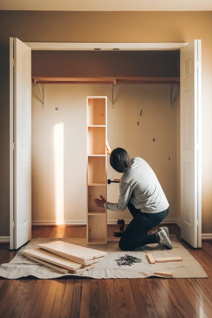 Building a DIY closet organizer center tower from pine boards with a cordless drill
