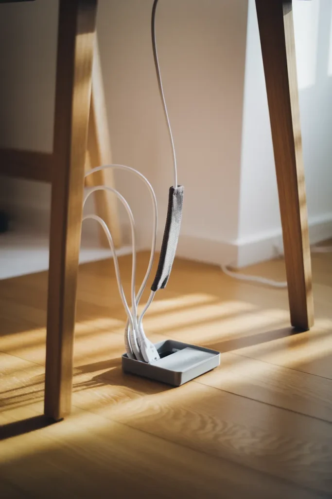 Cable management box and sleeve hiding cords under a small bedroom desk