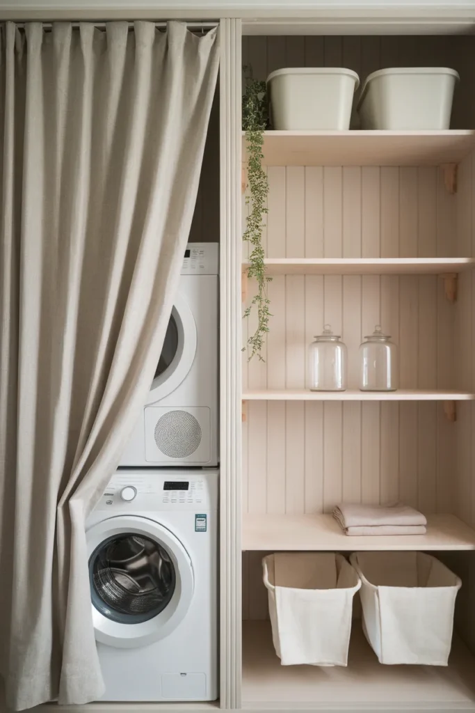 Calm Japandi laundry nook with a linen curtain hiding stacked machines for small-space organization