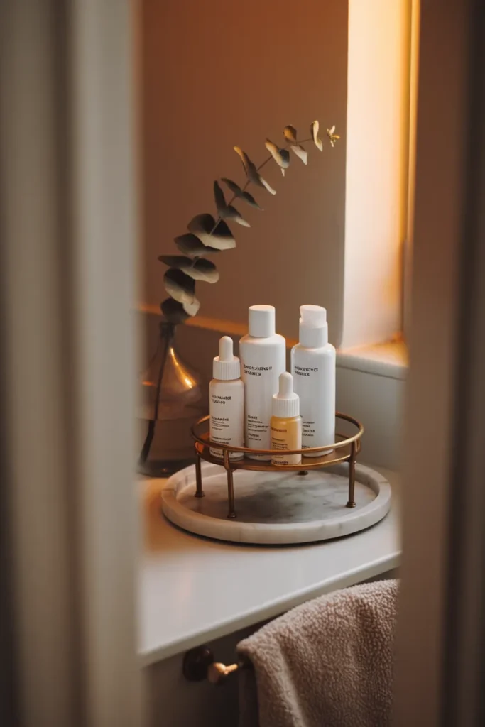 Calm bathroom skincare display on a marble tray with a tiered riser