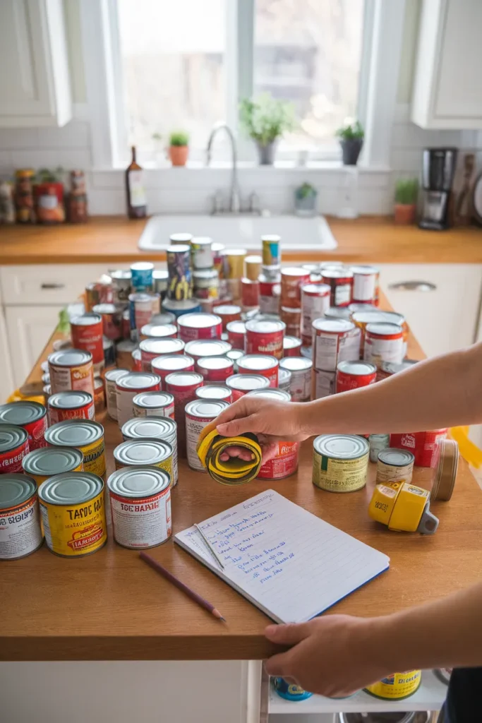 Can organization audit with canned goods grouped on a kitchen island beside a tape measure and notepad