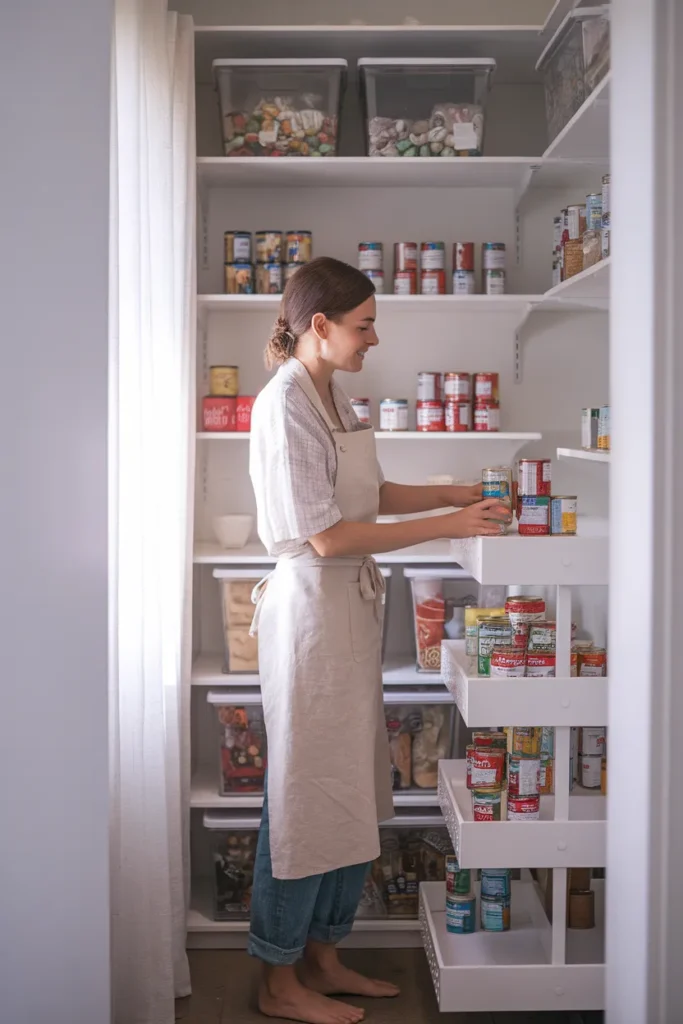 Can organization in pantry with a tiered riser and labeled clear bins in a bright walk in pantry
