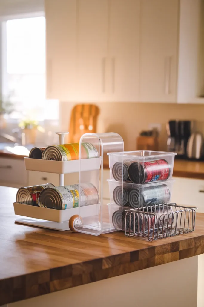 Can organizers for pantry shelves compared tiered riser, gravity dispenser, clear bin, and wire rack