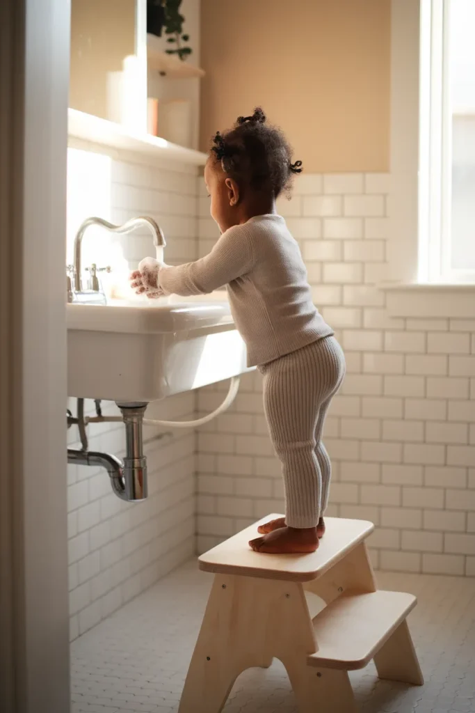 Child on a step stool washing hands at a kids bathroom sink
