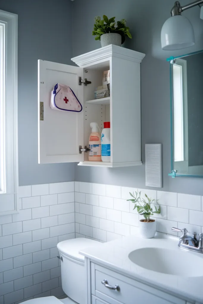 Cleaning supplies stored up high with a safety latch in a kids bathroom