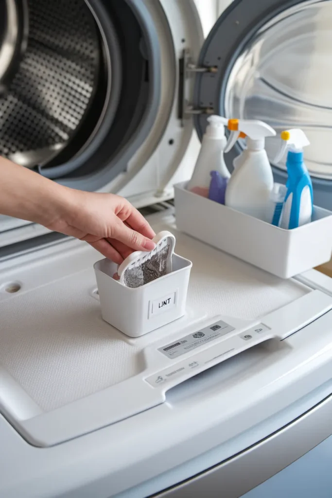 Cleaning the lint trap and wiping the dryer in a tidy, organized laundry room