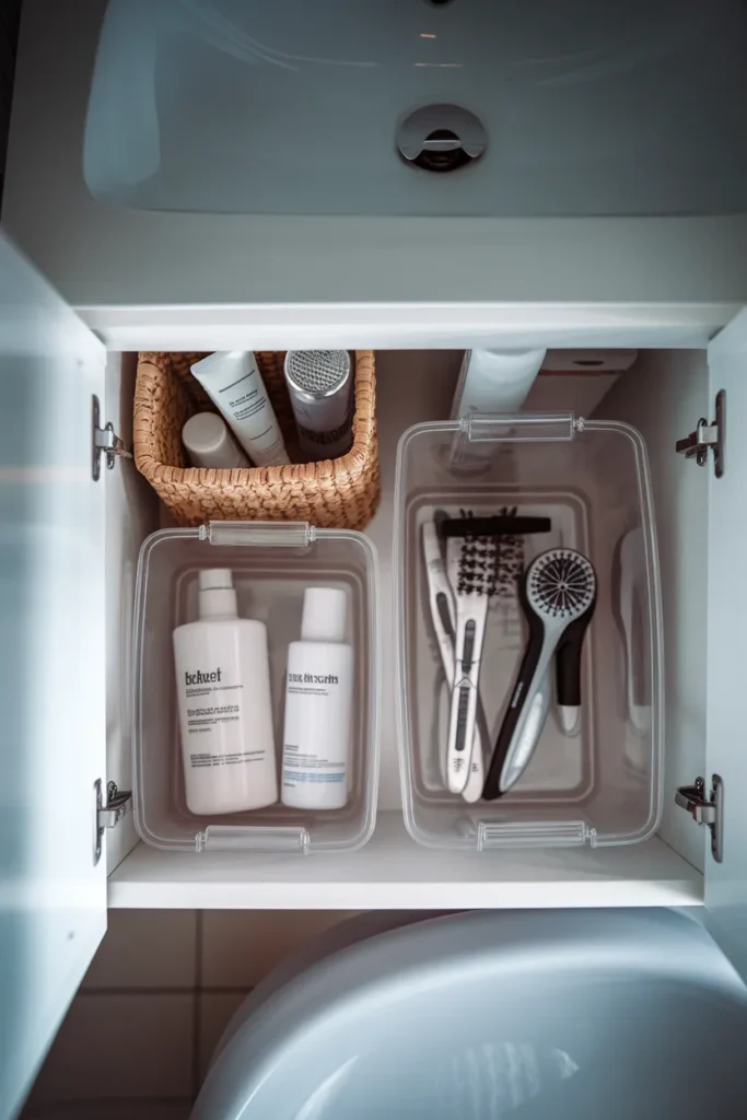 Clear bins and baskets used for bathroom shelf organization to corral toiletries