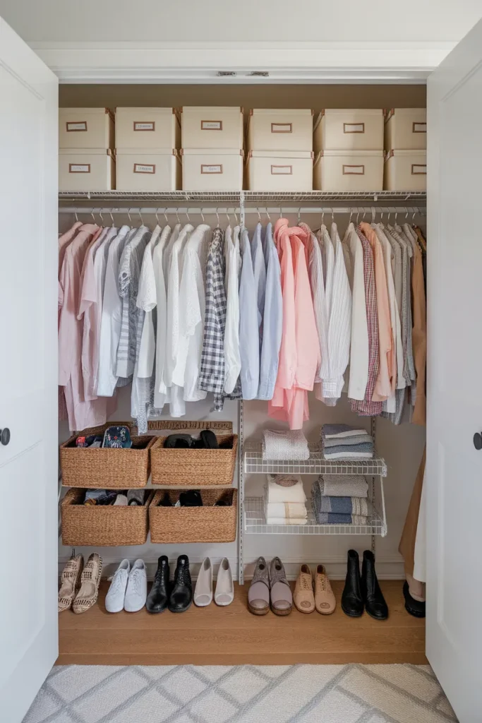 Closet organized into three horizontal bands for hanging, hauling, and top-shelf storage