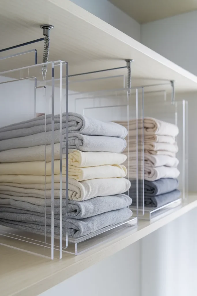 Closet shelf dividers separating file-folded shirts into neat compartments