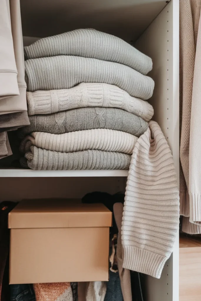 Closet shelf organization problem showing a folded sweater stack slumping sideways