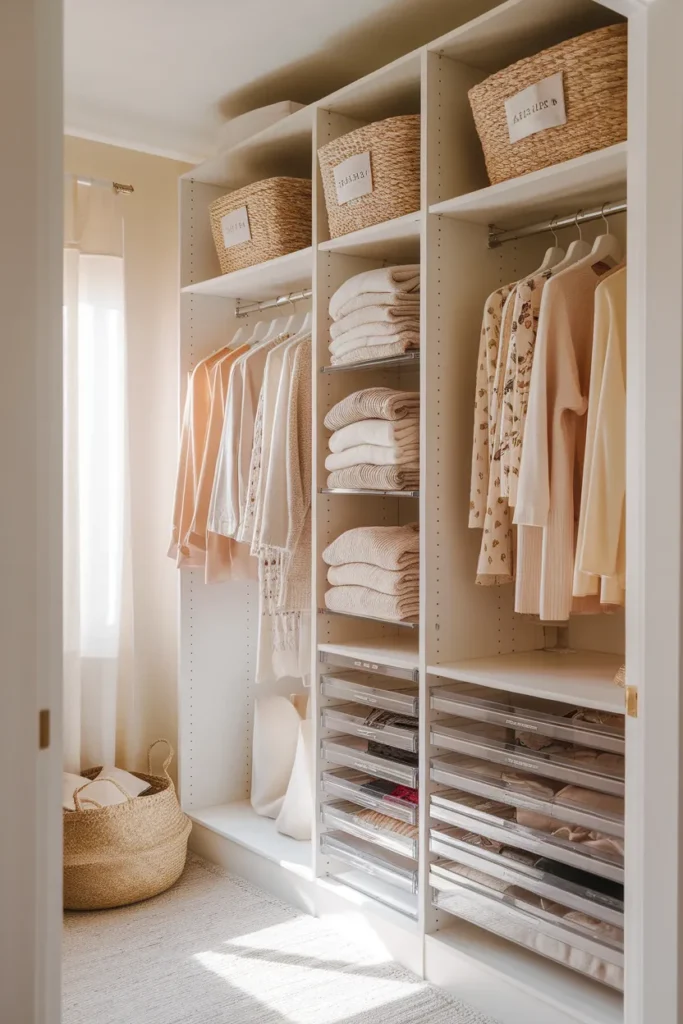 Closet shelf organization with folded stacks, acrylic dividers and labeled baskets