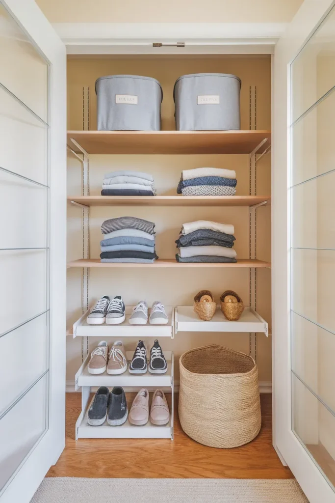 Closet shelf organization zoned into three reach bands from floor to top shelf