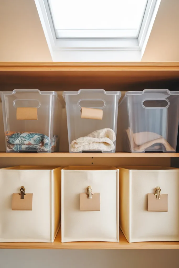 Closet shelf organizers including fabric cubes and labeled clear bins with handles