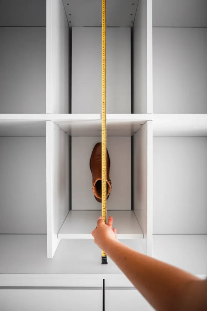 Closet shoe organization begins with measuring shelf clearance using a tape measure