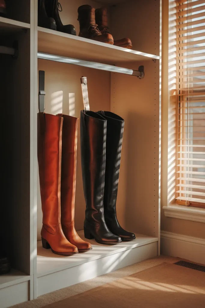 Closet shoe organization giving tall boots a vertical lane with shapers