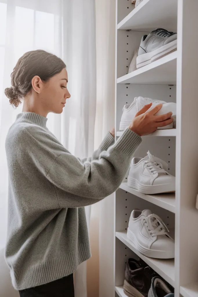 Closet shoe organization maintained by returning shoes to the shelf daily