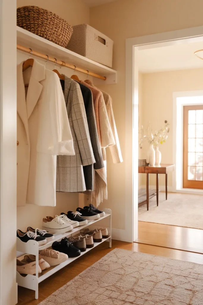 Closet shoe organization overflow stored on a rack in an organized coat closet