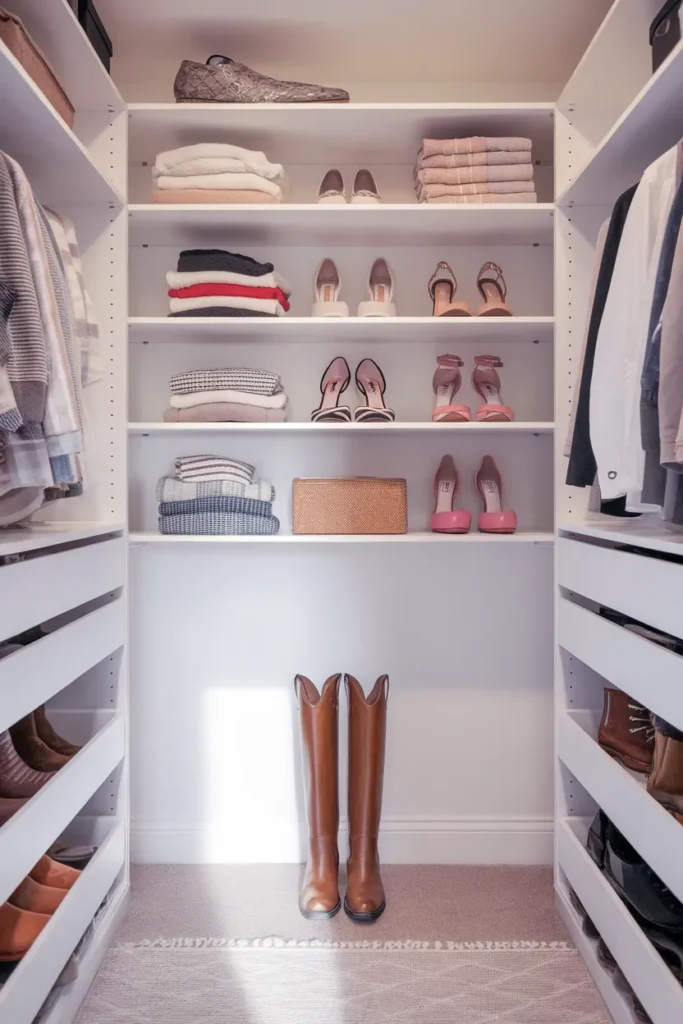 Closet shoe organization using three zones sorted by reach height