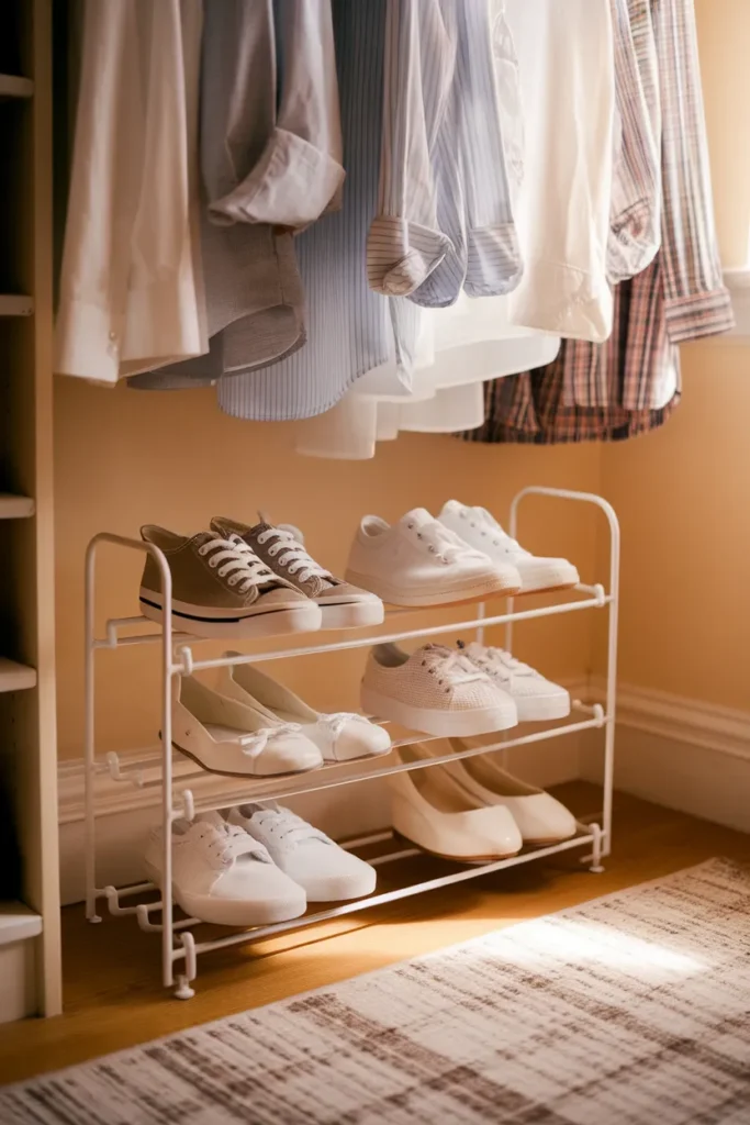 Closet shoe organization with a tiered rack tucked under hanging clothes