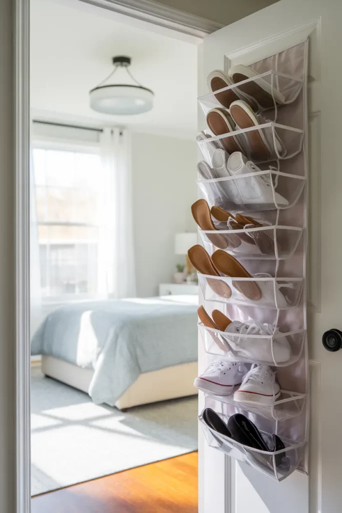 Closet shoe organization with an over the door organizer holding flats and sneakers