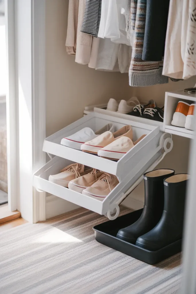 Closet shoe organization with rolling floor bins and a boot tray under hanging clothes