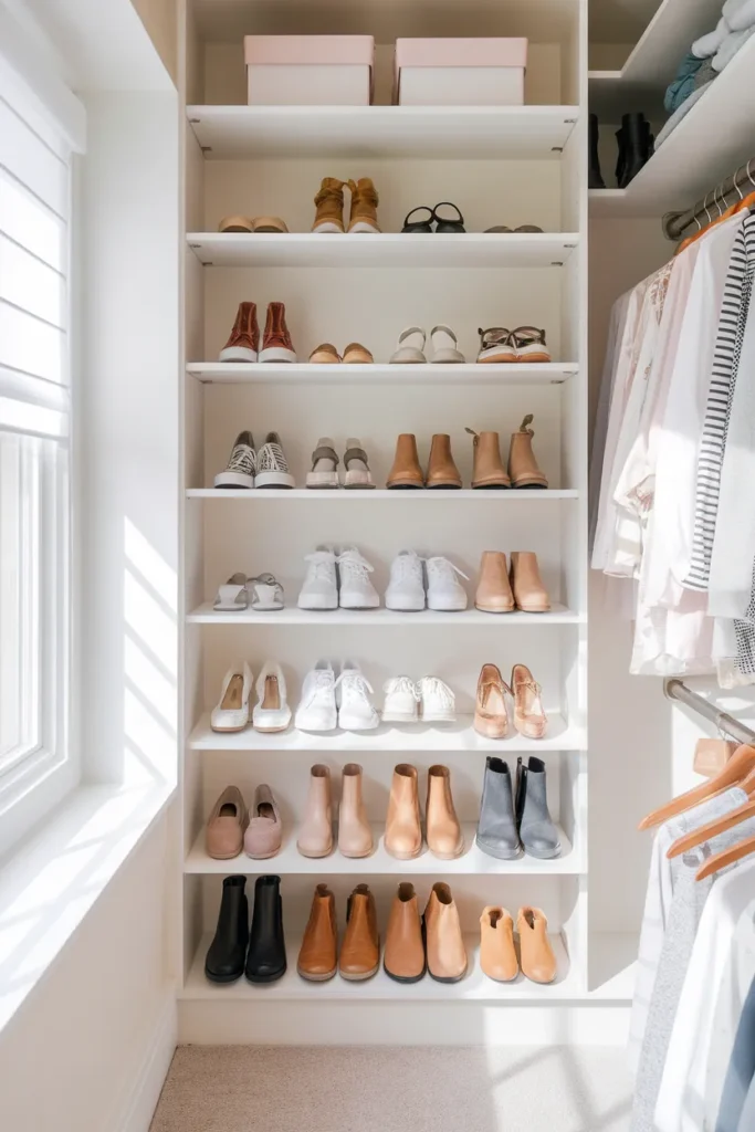 Closet shoe organization with shoes lined in rows on white shelves in a bright reach-in closet