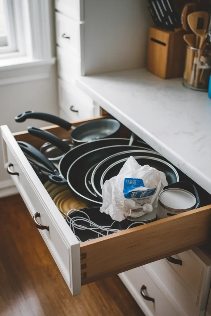 Cluttered deep kitchen drawer before organization, tangled pans and loose lids
